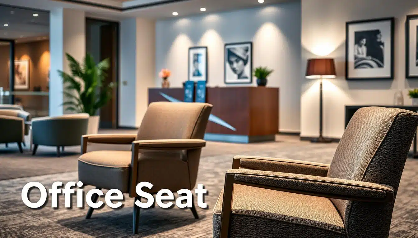 A stylish reception area showcasing elegant office reception chairs, designed for both comfort and durability. In the foreground, display a pair of modern, ergonomic chairs upholstered in a rich fabric, with supportive armrests and a sleek design. In the middle ground, include a polished reception desk made of glass and wood, with a few decorative plants nearby to create a welcoming atmosphere. The background features soft lighting that highlights the space's professionalism, with minimalistic artwork adorning the walls. Capture the scene with a slight angle to add depth, evoking an inviting yet sophisticated mood. Ensure "Office Seat" is subtly embossed in the shadow of the image, maintaining a clean and professional look. A stylish reception area showcasing elegant office reception chairs, designed for both comfort and durability. In the foreground, display a pair of modern, ergonomic chairs upholstered in a rich fabric, with supportive armrests and a sleek design. In the middle ground, include a polished reception desk made of glass and wood, with a few decorative plants nearby to create a welcoming atmosphere. The background features soft lighting that highlights the space's professionalism, with minimalistic artwork adorning the walls. Capture the scene with a slight angle to add depth, evoking an inviting yet sophisticated mood. Ensure "Office Seat" is subtly embossed in the shadow of the image, maintaining a clean and professional look.