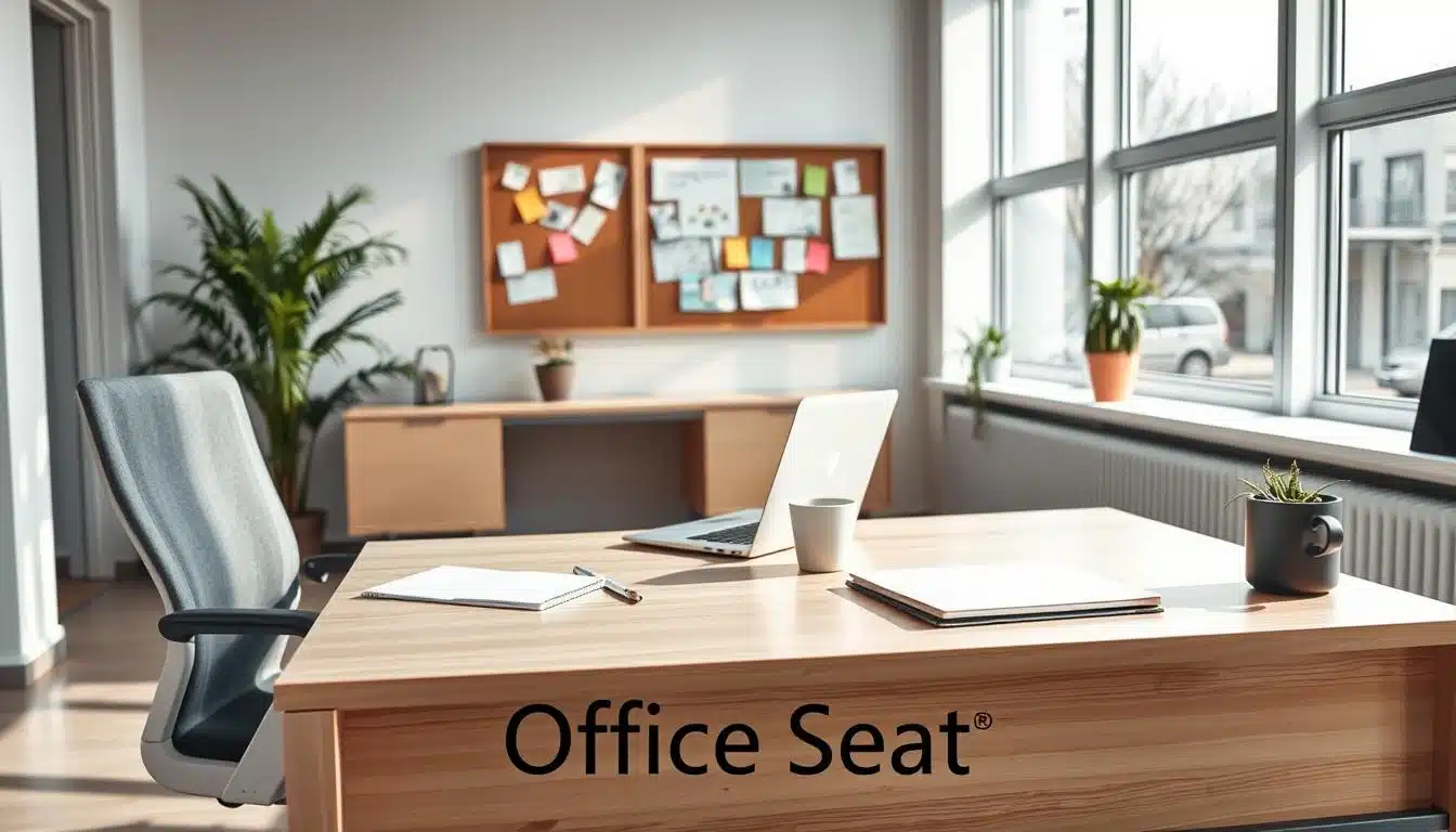 A well-organized and functional "operational desk" in a modern office setting, designed for employee productivity. In the foreground, a sleek, L-shaped desk made of light wood, equipped with a comfortable ergonomic office chair in subtle gray fabric. On the desk, a high-resolution laptop, a stylish notepad, and a coffee cup, radiating a sense of a busy work environment. In the middle-ground, a potted plant adds a touch of greenery, while a bulletin board with colorful notes provides inspiration. The background features large windows filled with natural light, casting soft shadows across the room. Use a wide-angle lens to capture the spaciousness and ensure the atmosphere feels inviting and professional. Include the brand name "Office Seat" subtly in the lower corner. A well-organized and functional "operational desk" in a modern office setting, designed for employee productivity. In the foreground, a sleek, L-shaped desk made of light wood, equipped with a comfortable ergonomic office chair in subtle gray fabric. On the desk, a high-resolution laptop, a stylish notepad, and a coffee cup, radiating a sense of a busy work environment. In the middle-ground, a potted plant adds a touch of greenery, while a bulletin board with colorful notes provides inspiration. The background features large windows filled with natural light, casting soft shadows across the room. Use a wide-angle lens to capture the spaciousness and ensure the atmosphere feels inviting and professional. Include the brand name "Office Seat" subtly in the lower corner.