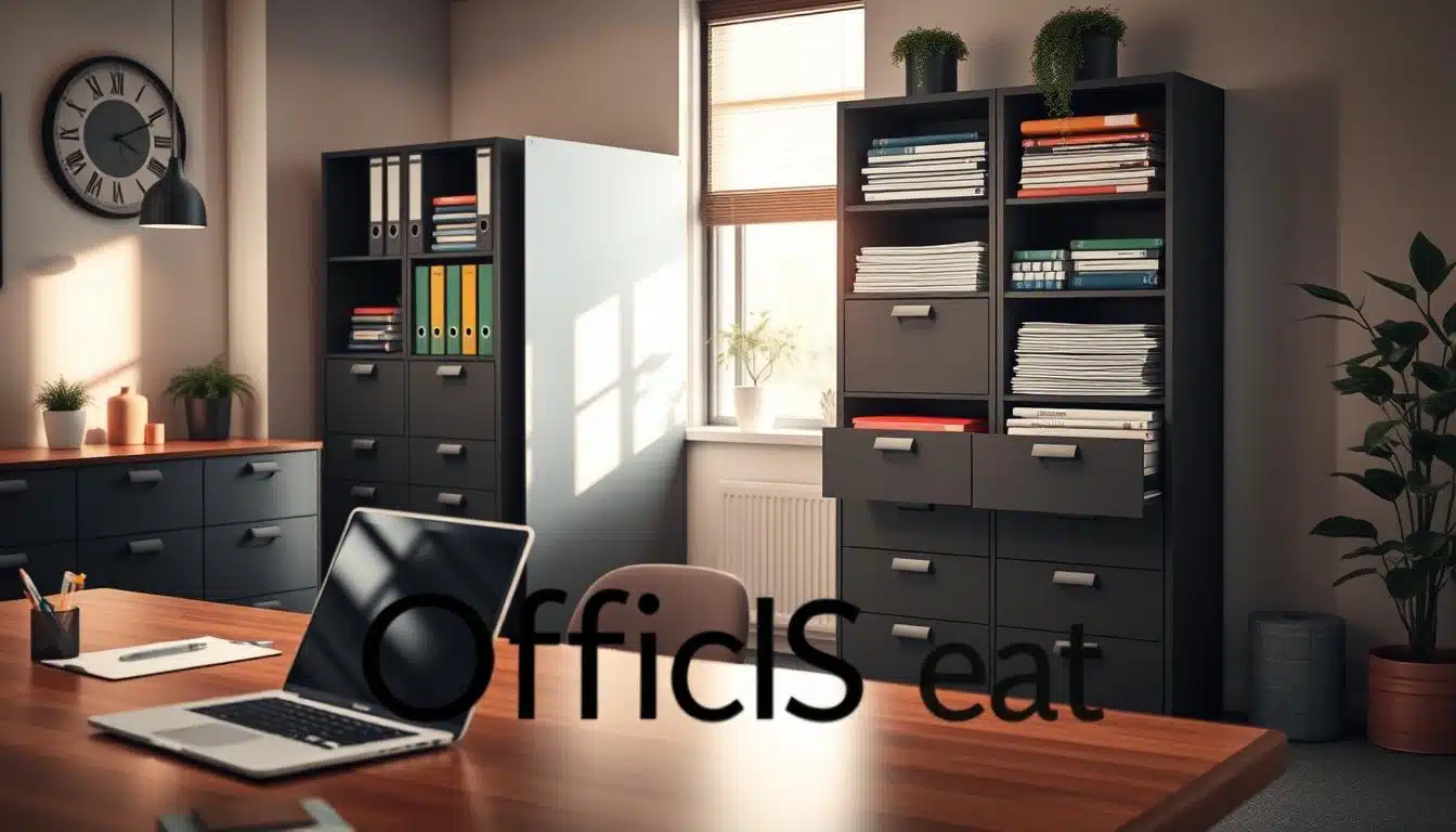 A well-organized office space featuring a vertical and horizontal document cabinet, neatly arranged with colored folders, open drawers revealing organized papers, and a few decorative plants to add a touch of greenery. The foreground includes a polished wooden desk with a sleek laptop and stationery items, creating an efficient workspace atmosphere. In the middle ground, two stylish archiveros are clearly visible—one vertical and one horizontal—highlighted by soft, natural lighting that streams from a nearby window, creating a warm and productive ambiance. The background shows a minimalist office design with subtle decor to maintain focus on the archiveros. The overall mood is professional yet inviting, emphasizing the essential role of organized storage for productivity. Ensure the logo "Office Seat" is subtly incorporated in shadowed text on a surface within the image. A well-organized office space featuring a vertical and horizontal document cabinet, neatly arranged with colored folders, open drawers revealing organized papers, and a few decorative plants to add a touch of greenery. The foreground includes a polished wooden desk with a sleek laptop and stationery items, creating an efficient workspace atmosphere. In the middle ground, two stylish archiveros are clearly visible—one vertical and one horizontal—highlighted by soft, natural lighting that streams from a nearby window, creating a warm and productive ambiance. The background shows a minimalist office design with subtle decor to maintain focus on the archiveros. The overall mood is professional yet inviting, emphasizing the essential role of organized storage for productivity. Ensure the logo "Office Seat" is subtly incorporated in shadowed text on a surface within the image.