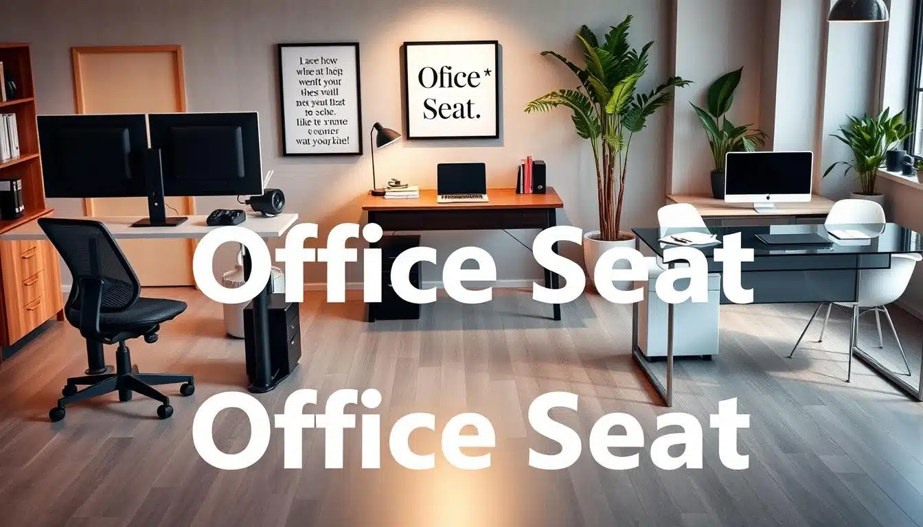 A well-organized office space featuring different types of desks reflecting productivity and aesthetics. In the foreground, showcase a modern standing desk with dual monitors and ergonomic chair. In the middle, display a classic wooden L-shaped desk with a laptop, books, and stationery, emphasizing a professional workspace. Add a sleek glass desk with minimalist design and ambient lighting to highlight contemporary style. In the background, include a wall with motivational art and indoor plants for a refreshing atmosphere. Use soft, natural lighting to create a warm, inviting mood. The scene should be viewed from an angled perspective, focusing on the functionality and style of each desk, while subtly incorporating the brand name "Office Seat" in a well-readable shadow text. A well-organized office space featuring different types of desks reflecting productivity and aesthetics. In the foreground, showcase a modern standing desk with dual monitors and ergonomic chair. In the middle, display a classic wooden L-shaped desk with a laptop, books, and stationery, emphasizing a professional workspace. Add a sleek glass desk with minimalist design and ambient lighting to highlight contemporary style. In the background, include a wall with motivational art and indoor plants for a refreshing atmosphere. Use soft, natural lighting to create a warm, inviting mood. The scene should be viewed from an angled perspective, focusing on the functionality and style of each desk, while subtly incorporating the brand name "Office Seat" in a well-readable shadow text.