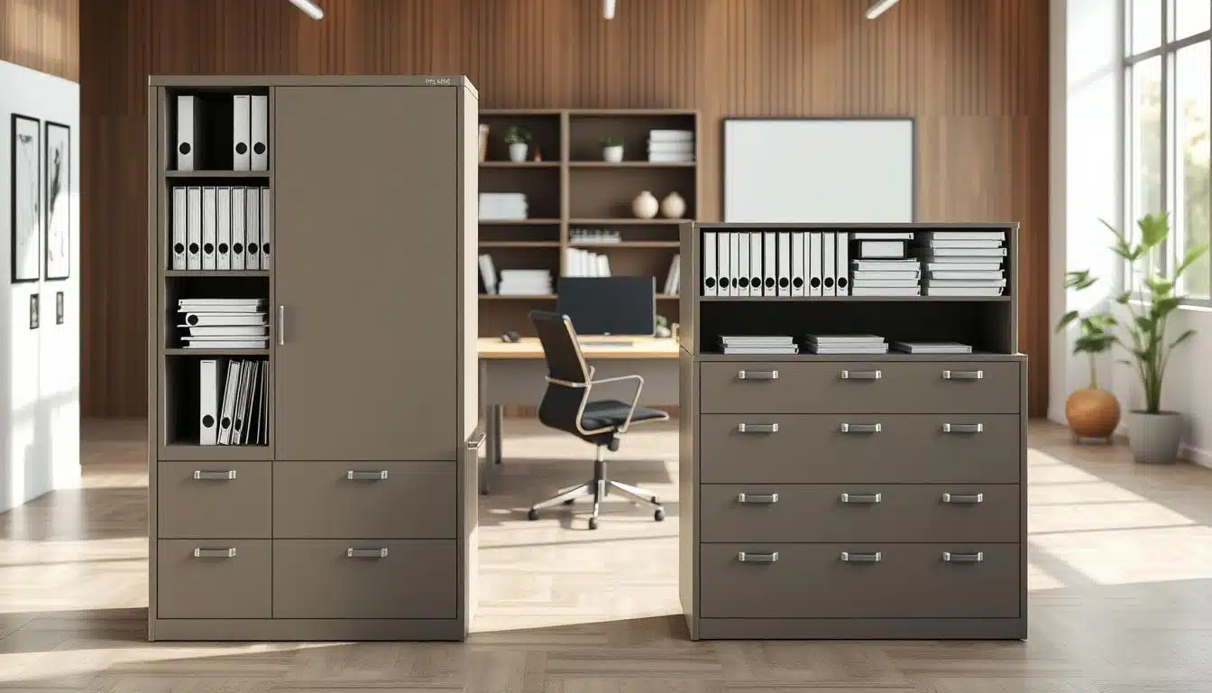 A well-organized office space showcasing both vertical and horizontal file cabinets, emphasizing their dimensions and capacity. In the foreground, display a sleek vertical archivero next to a spacious horizontal archivero, each filled with neatly arranged files and documents. The middle ground features a balanced view of the office layout, with a modern desk and comfortable chair to enhance the workspace environment. The background should include soft-focus office elements like bookshelves and plants, contributing to a professional atmosphere. Use natural lighting to create a warm and inviting feel, with a slight overhead angle for depth. Incorporate the brand name "Office Seat" subtly in the shadow of one of the cabinets. A well-organized office space showcasing both vertical and horizontal file cabinets, emphasizing their dimensions and capacity. In the foreground, display a sleek vertical archivero next to a spacious horizontal archivero, each filled with neatly arranged files and documents. The middle ground features a balanced view of the office layout, with a modern desk and comfortable chair to enhance the workspace environment. The background should include soft-focus office elements like bookshelves and plants, contributing to a professional atmosphere. Use natural lighting to create a warm and inviting feel, with a slight overhead angle for depth. Incorporate the brand name "Office Seat" subtly in the shadow of one of the cabinets.