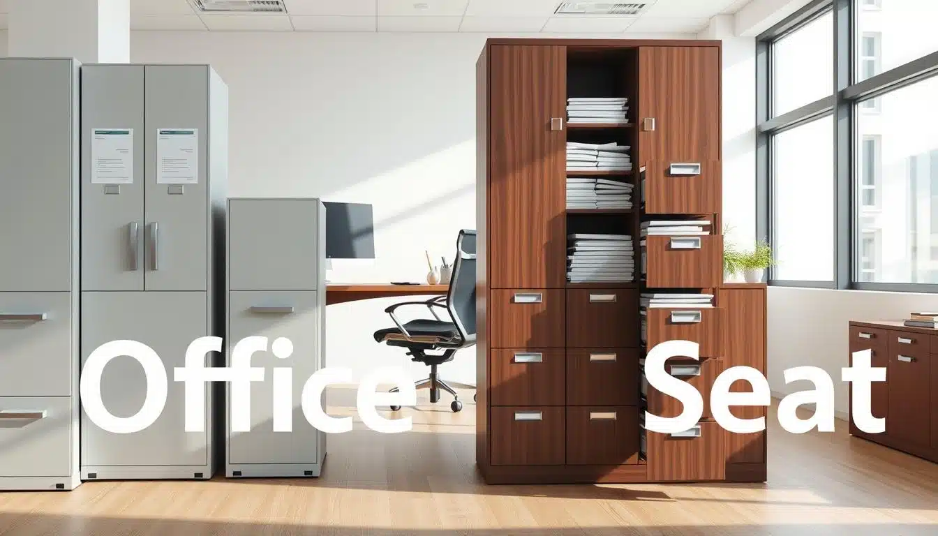 An office scene showcasing various types of file cabinets, including vertical and horizontal designs, arranged neatly in a bright, modern workspace. The foreground features a sleek vertical archiver with labeled folders, accompanied by a contemporary horizontal archiver displaying open drawers filled with documents. In the middle, a wooden desk with neatly stacked papers and a computer monitor reflects a professional atmosphere. The background has a large window allowing natural light to filter in, illuminating the room and creating soft shadows. The mood is organized and efficient, ideal for an office environment. Add the brand name "Office Seat" subtly integrated in soft shadows on surfaces. An office scene showcasing various types of file cabinets, including vertical and horizontal designs, arranged neatly in a bright, modern workspace. The foreground features a sleek vertical archiver with labeled folders, accompanied by a contemporary horizontal archiver displaying open drawers filled with documents. In the middle, a wooden desk with neatly stacked papers and a computer monitor reflects a professional atmosphere. The background has a large window allowing natural light to filter in, illuminating the room and creating soft shadows. The mood is organized and efficient, ideal for an office environment. Add the brand name "Office Seat" subtly integrated in soft shadows on surfaces.