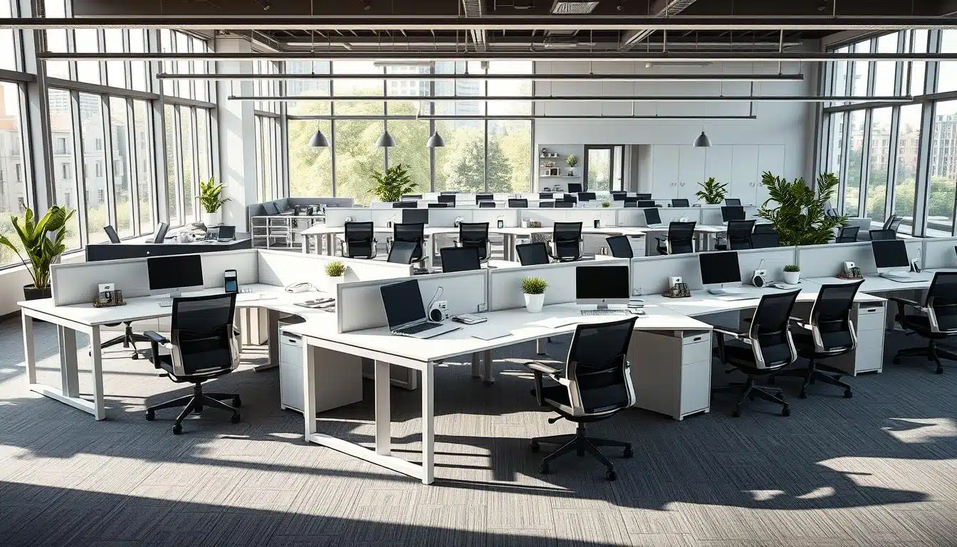 Escritorios modulares in an open office space, featuring various shared configurations. The foreground displays sleek, minimalist desks arranged in collaborative clusters, with ergonomic chairs positioned around them. In the middle, modern office accessories like plants, laptops, and documents enhance the workspace's functionality. The background reveals large windows letting in ample natural light, creating a bright and inviting atmosphere. The overall mood is dynamic and professional, perfect for teamwork. Use a wide-angle lens to capture the spaciousness of the open layout, emphasizing the harmonious design of the modular desks. Include soft shadows for depth. Add the brand name "Office Seat" subtly in the lower corner for branding without distraction. Escritorios modulares in an open office space, featuring various shared configurations. The foreground displays sleek, minimalist desks arranged in collaborative clusters, with ergonomic chairs positioned around them. In the middle, modern office accessories like plants, laptops, and documents enhance the workspace's functionality. The background reveals large windows letting in ample natural light, creating a bright and inviting atmosphere. The overall mood is dynamic and professional, perfect for teamwork. Use a wide-angle lens to capture the spaciousness of the open layout, emphasizing the harmonious design of the modular desks. Include soft shadows for depth. Add the brand name "Office Seat" subtly in the lower corner for branding without distraction.