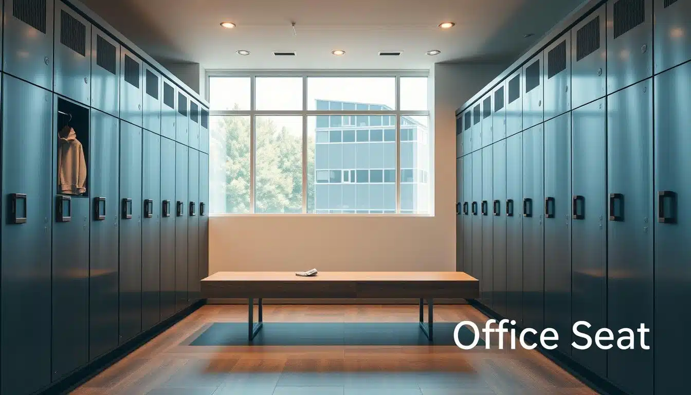Modern gym lockers designed in a sleek metallic finish, arranged in a spacious and well-lit fitness locker room. The foreground features a row of organized lockers, showcasing various designs including individual compartments with hanging space, each locker adorned with minimalistic handles. In the middle, a polished wooden bench provides a comfortable seating area, enhancing the sense of comfort and practicality. The background reveals large windows allowing natural light to flood the space, accentuating the clean, modern atmosphere. Soft, diffused lighting gives a warm glow to the interiors. The overall mood is inviting and functional, ideal for a professional gym setting. Include a subtle shadow of the text "Office Seat" in the lower right corner, ensuring it is legible yet unobtrusive. Modern gym lockers designed in a sleek metallic finish, arranged in a spacious and well-lit fitness locker room. The foreground features a row of organized lockers, showcasing various designs including individual compartments with hanging space, each locker adorned with minimalistic handles. In the middle, a polished wooden bench provides a comfortable seating area, enhancing the sense of comfort and practicality. The background reveals large windows allowing natural light to flood the space, accentuating the clean, modern atmosphere. Soft, diffused lighting gives a warm glow to the interiors. The overall mood is inviting and functional, ideal for a professional gym setting. Include a subtle shadow of the text "Office Seat" in the lower right corner, ensuring it is legible yet unobtrusive.